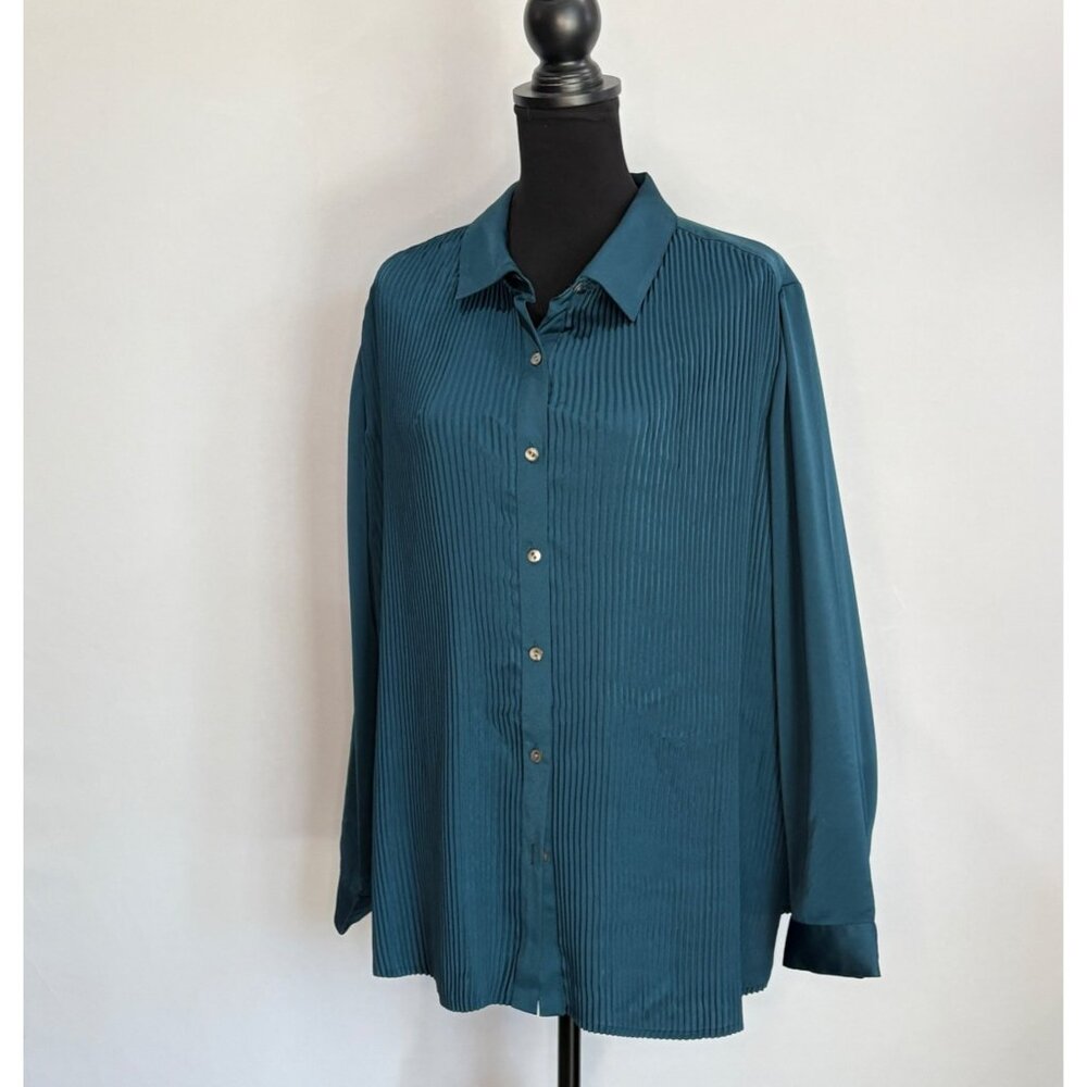 J.Jill Teal Pleated Button-Up Shirt Womens XL Long Sleeve Polyester Blouse